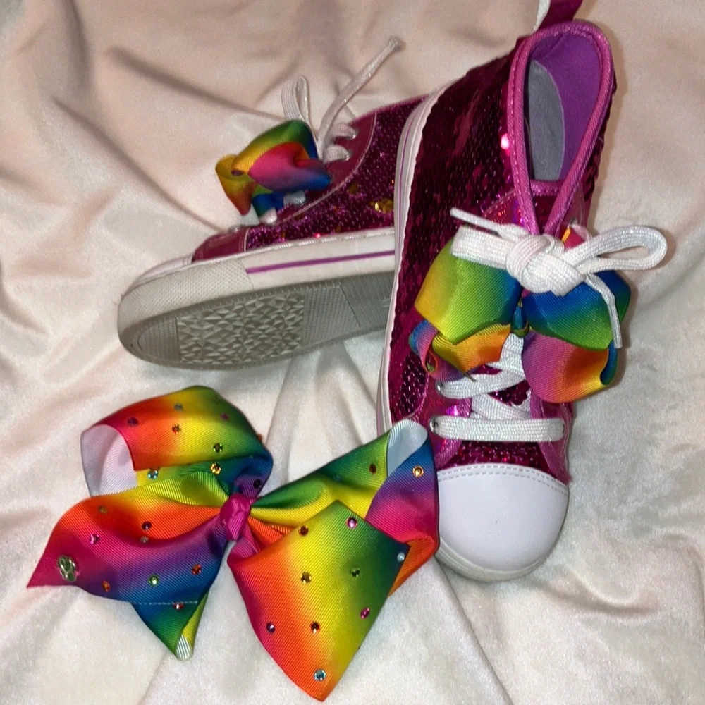 EUC Girls Size 3 JoJoHot Pink Sequin HighTop w/ Rainbow Bow, Bebe Boot, JoJoBow